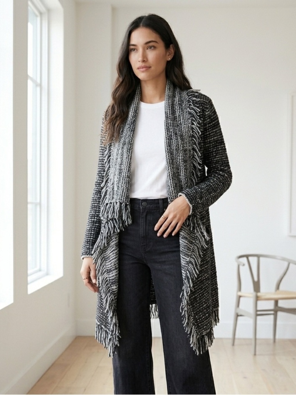 Vince black & white long wool tweed fringe sweater jacket - size Large (L)